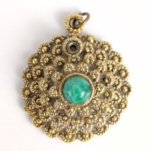 Antique Carved Goldtone & Jade Green Marble 1.5" Balm Locket Pendant French